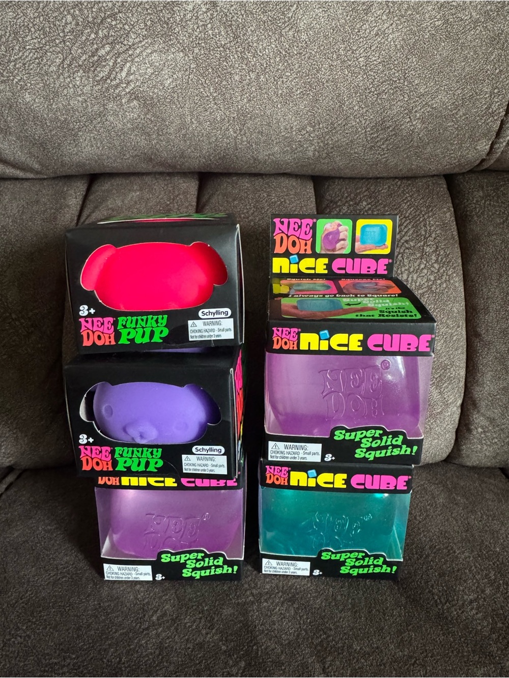 NEE DOH Funky Pup & Nice Cube Squish Toy Bundle - Purple, Pink, Teal
